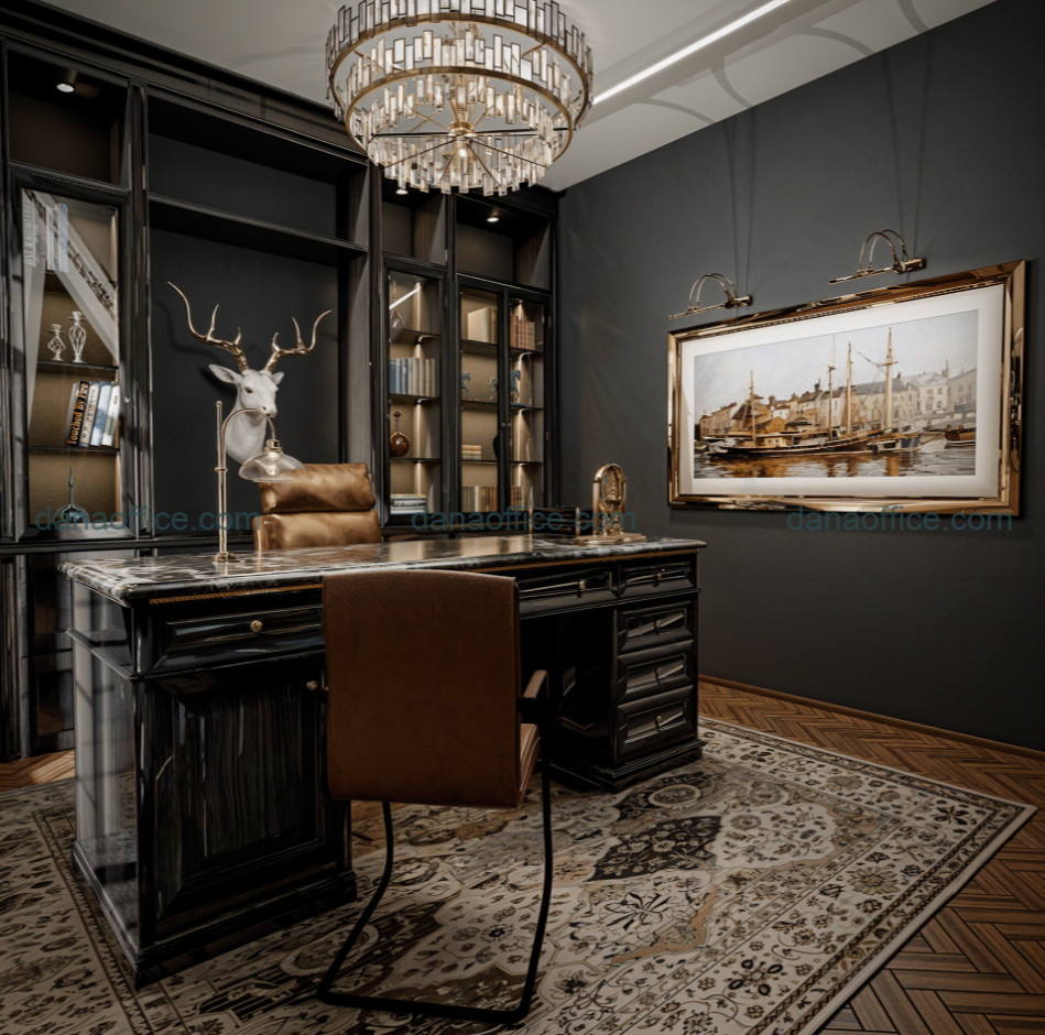 Sử dụng tranh khổ lớn, đèn thả trần, vật trang trí phù hợp để tạo điểm nhấn cho phòng làm việc nhỏ